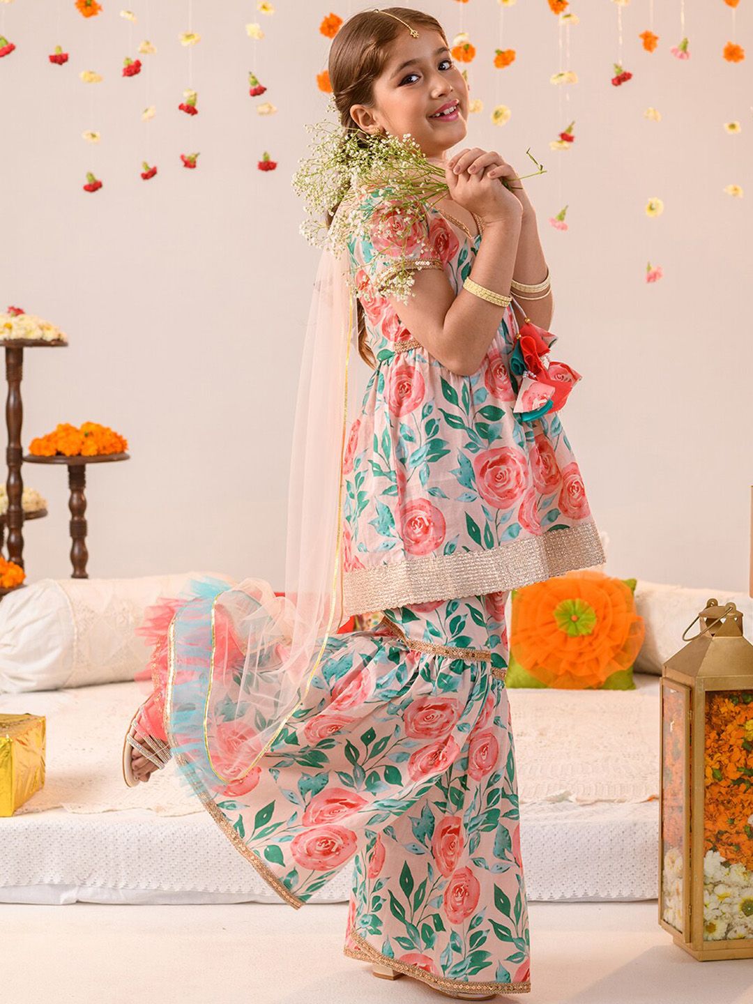Girls Floral Printed Pure Cotton Kurta With Sharara & Dupatta