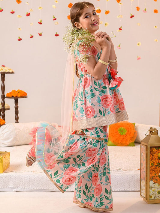 Girls Floral Printed Pure Cotton Kurta With Sharara & Dupatta