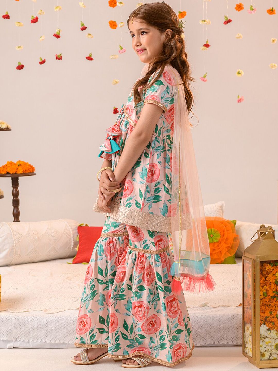 Girls Floral Printed Pure Cotton Kurta With Sharara & Dupatta