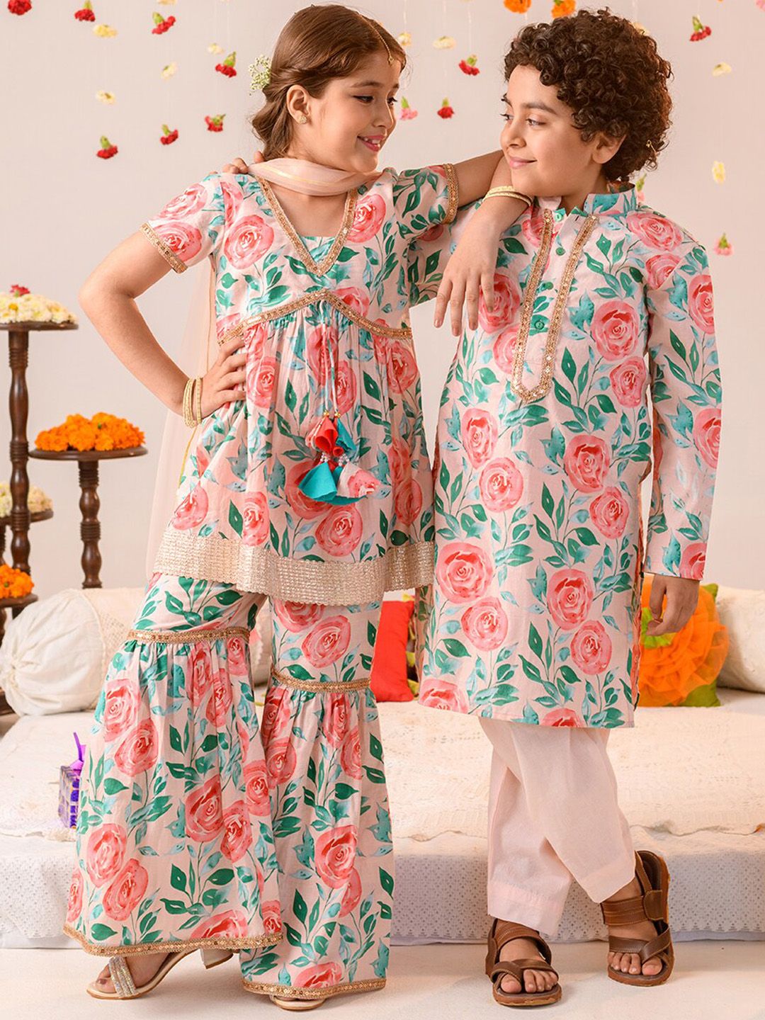 Girls Floral Printed Pure Cotton Kurta With Sharara & Dupatta