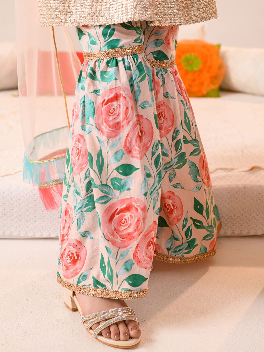 Girls Floral Printed Pure Cotton Kurta With Sharara & Dupatta