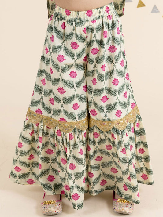 Girls Floral Printed Pure Cotton Straight Kurta With Sharara & Dupatta