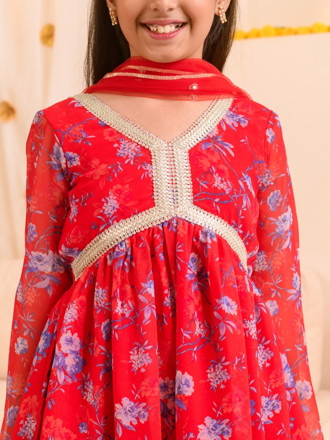 Girls Floral Printed Regular A-Line Kurta & Sharara With Dupatta