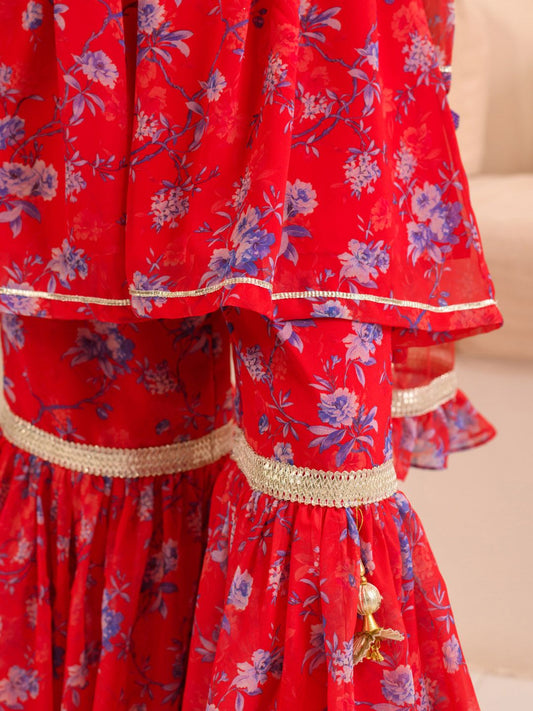 Girls Floral Printed Regular A-Line Kurta & Sharara With Dupatta