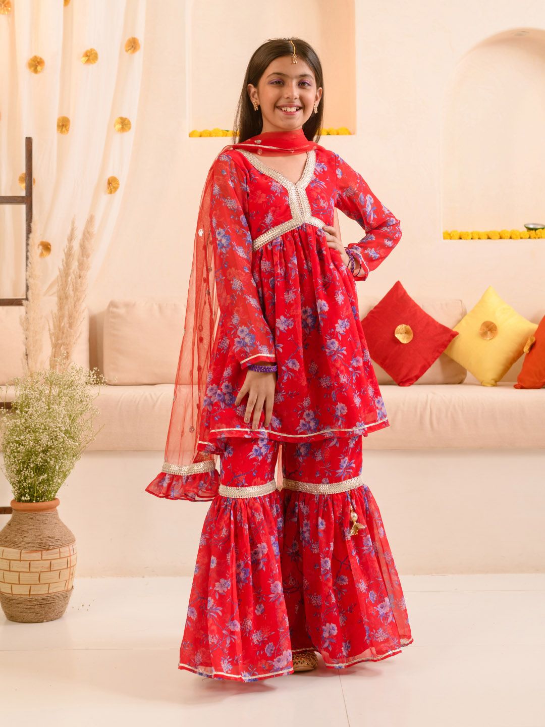 Girls Floral Printed Regular A-Line Kurta & Sharara With Dupatta