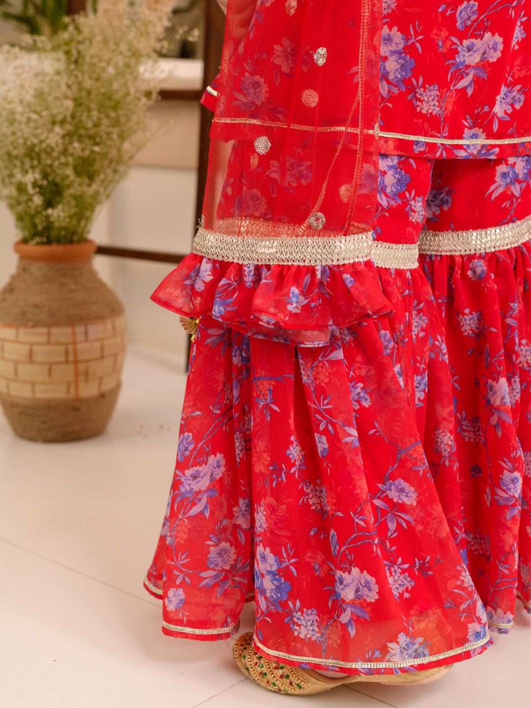 Girls Floral Printed Regular A-Line Kurta & Sharara With Dupatta