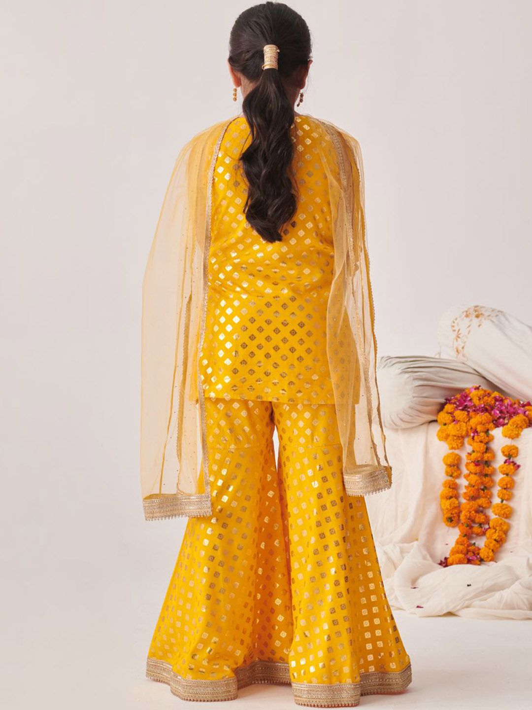 Girls Floral Printed Regular Gotta Patti Kurta Sharara With Dupatta
