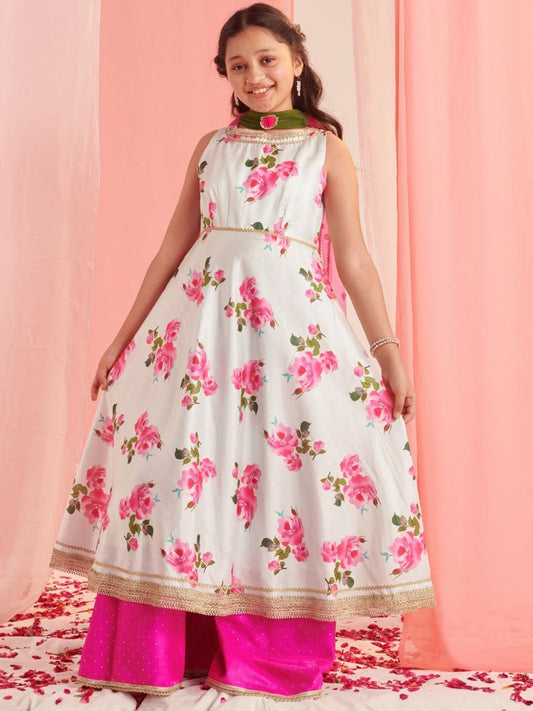 Girls Floral Printed Regular Gotta Patti Kurta with Palazzos & With Dupatta