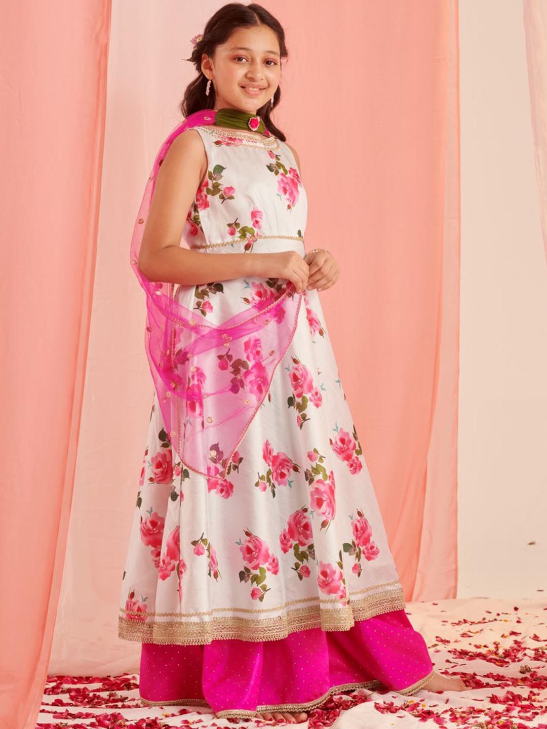 Girls Floral Printed Regular Gotta Patti Kurta with Palazzos & With Dupatta