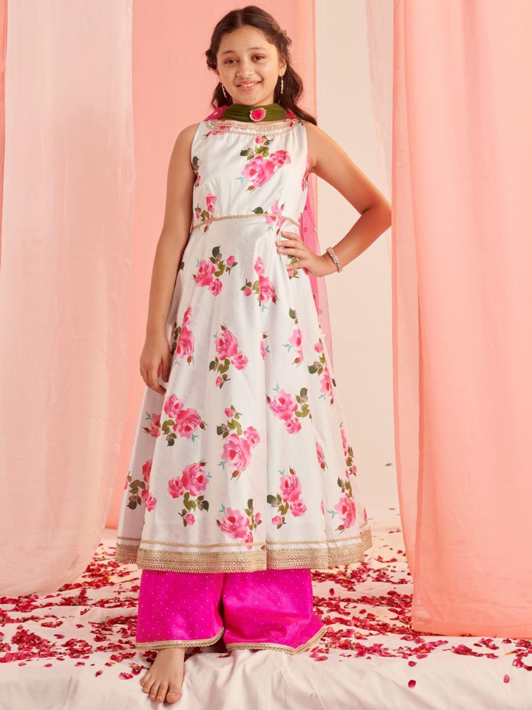 Girls Floral Printed Regular Gotta Patti Kurta with Palazzos & With Dupatta