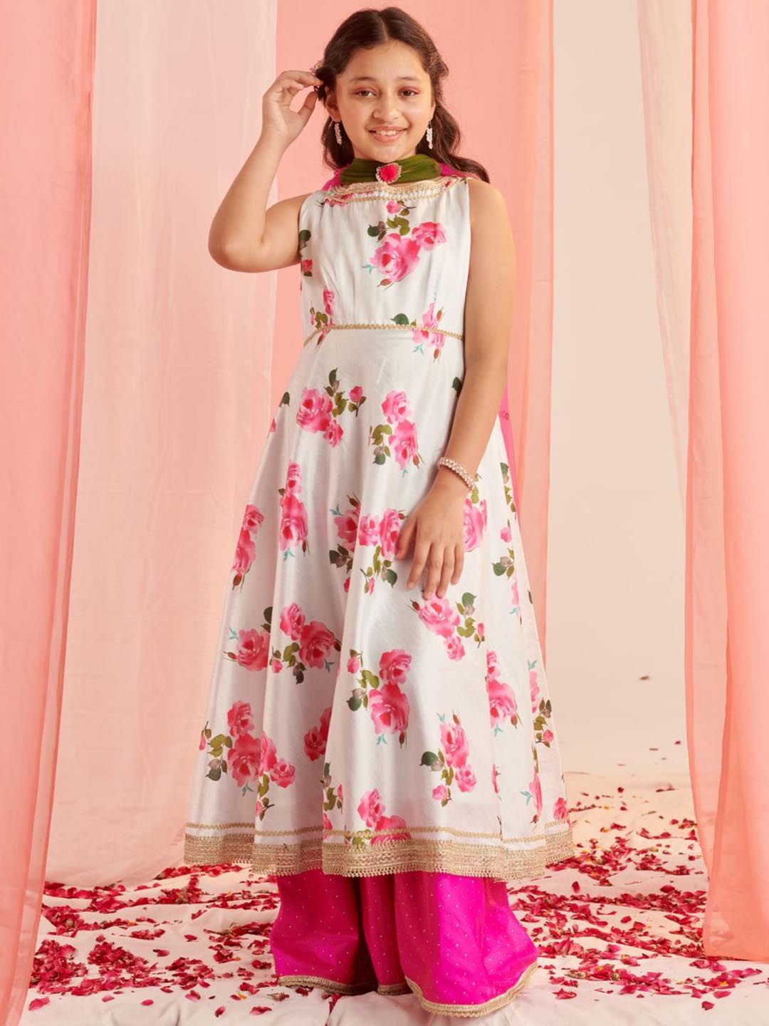 Girls Floral Printed Regular Gotta Patti Kurta with Palazzos & With Dupatta