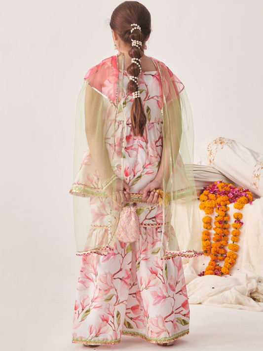 Girls Floral Printed Regular Kurta with Sharara & With Dupatta