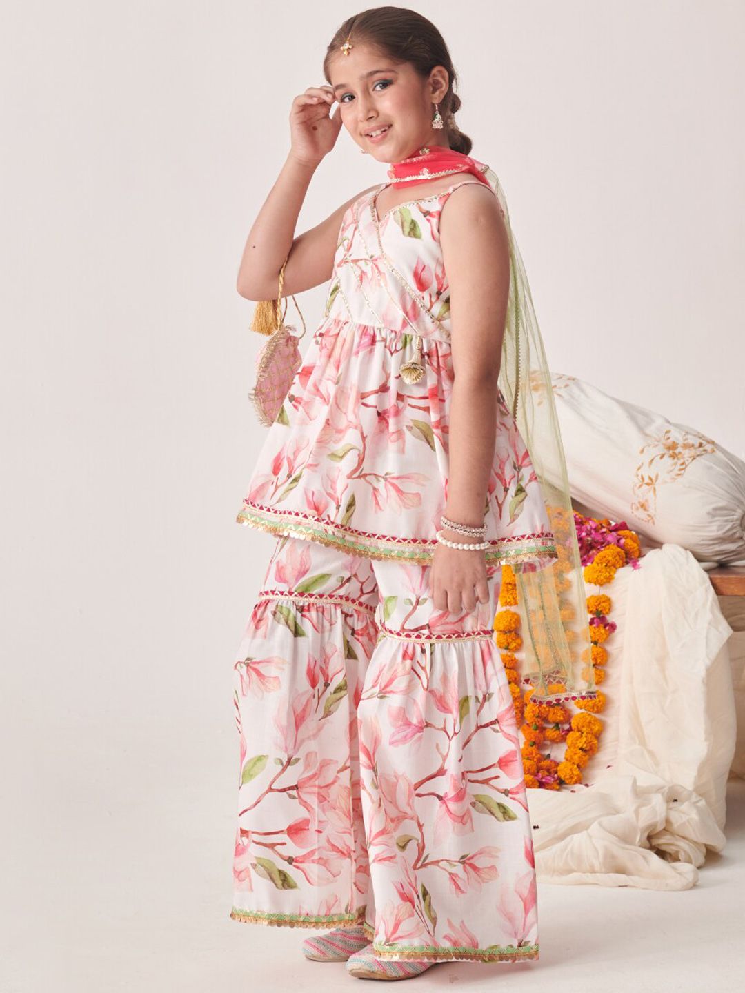 Girls Floral Printed Regular Kurta with Sharara & With Dupatta