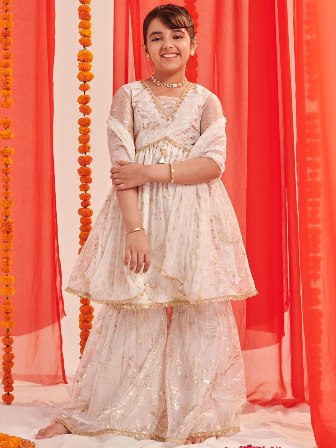 Girls Floral Printed Regular Kurta with Sharara & With Dupatta