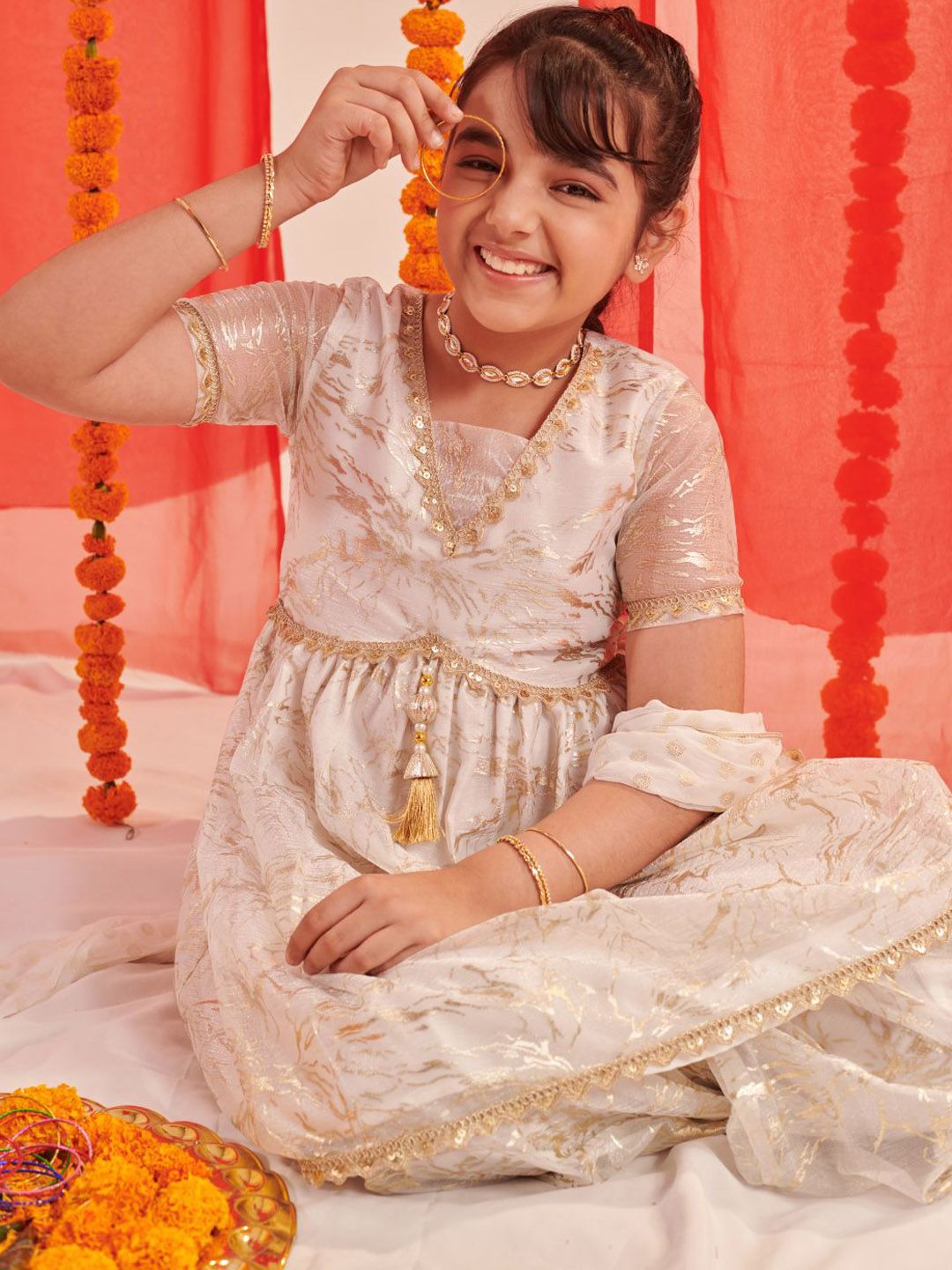 Girls Floral Printed Regular Kurta with Sharara & With Dupatta