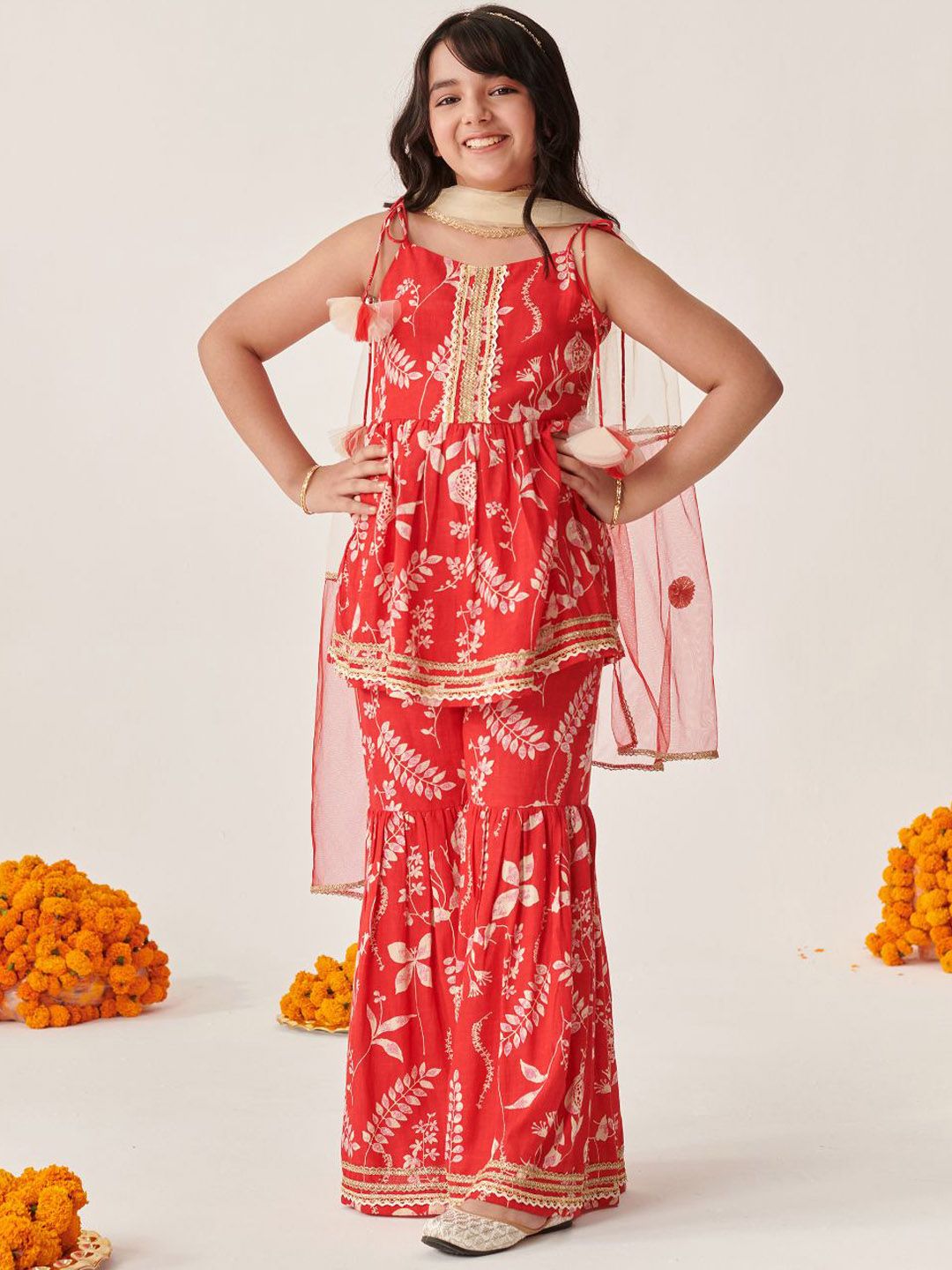 Girls Floral Printed Regular Kurti Sharara With Dupatta