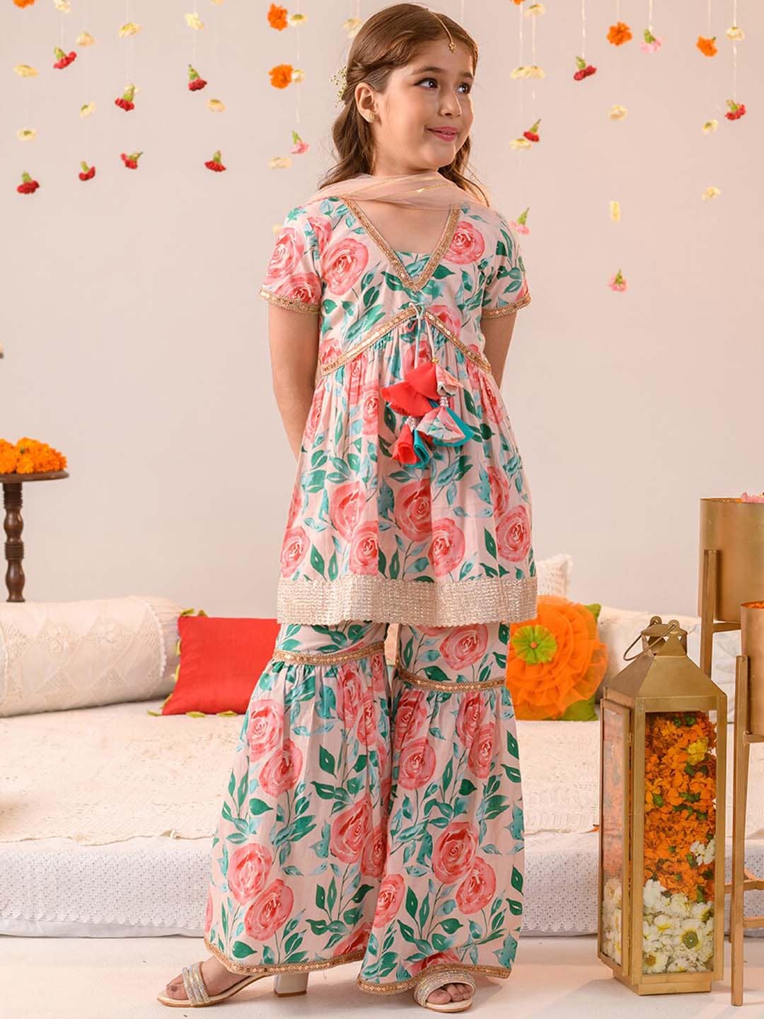 Girls Floral Printed Regular Pure Cotton Kurta with Sharara & Dupatta