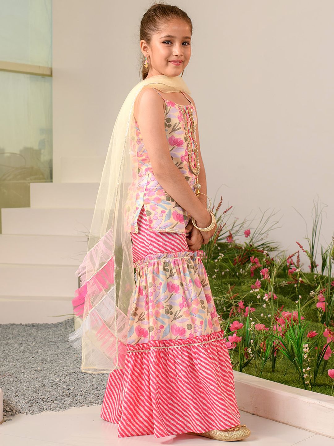 Girls Floral Printed Regular Pure Cotton Kurta with Sharara & Dupatta
