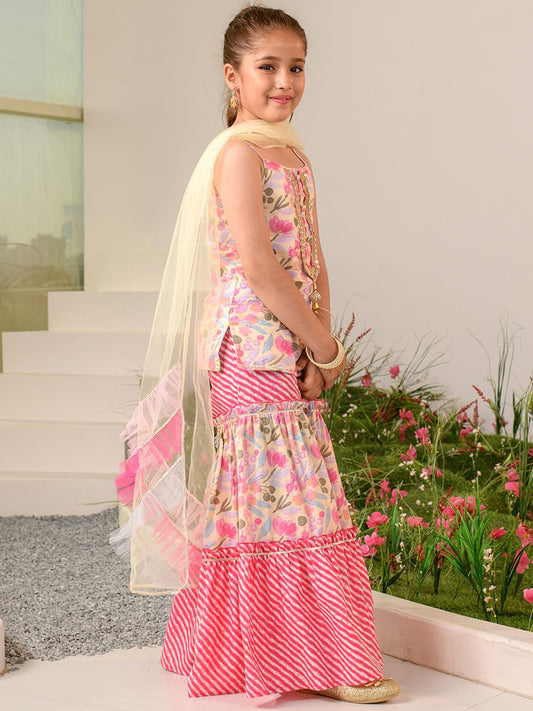 Girls Floral Printed Regular Pure Cotton Kurta with Sharara & Dupatta