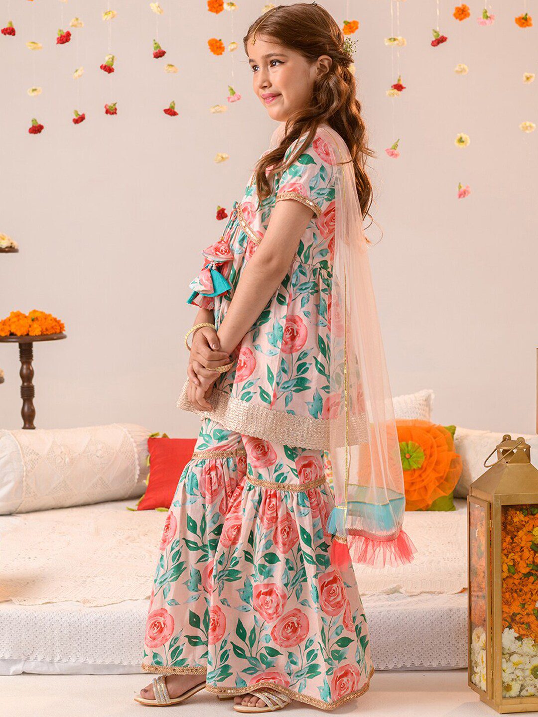 Girls Floral Printed Regular Pure Cotton Kurta with Sharara & Dupatta