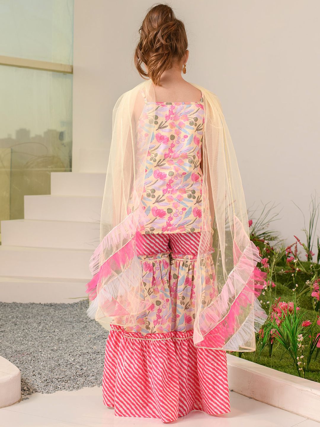 Girls Floral Printed Regular Pure Cotton Kurta with Sharara & Dupatta