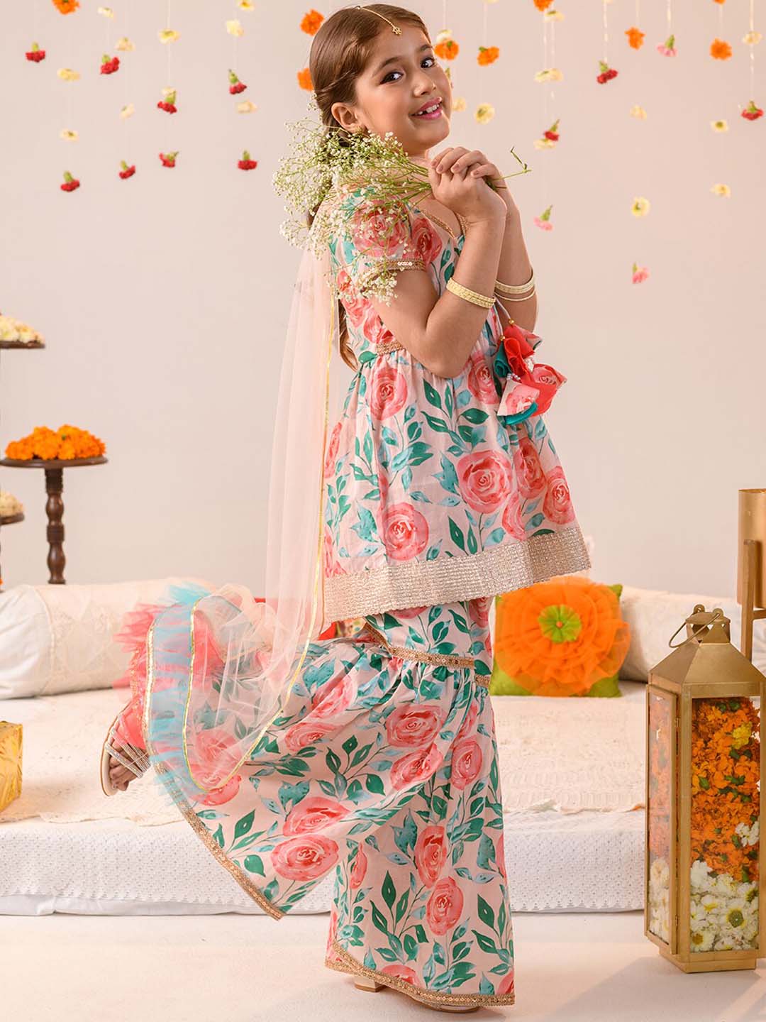Girls Floral Printed Regular Pure Cotton Kurta with Sharara & Dupatta