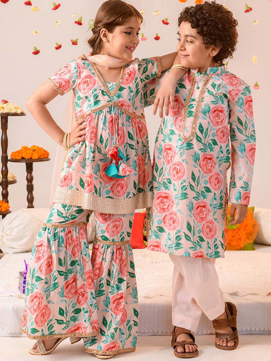 Girls Floral Printed Regular Pure Cotton Kurta with Sharara & Dupatta