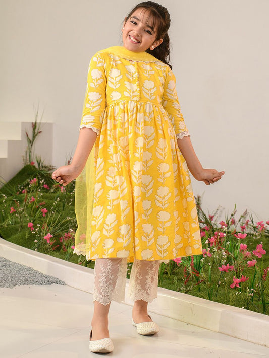 Girls Floral Printed Regular Pure Cotton Kurta with Trousers & Dupatta