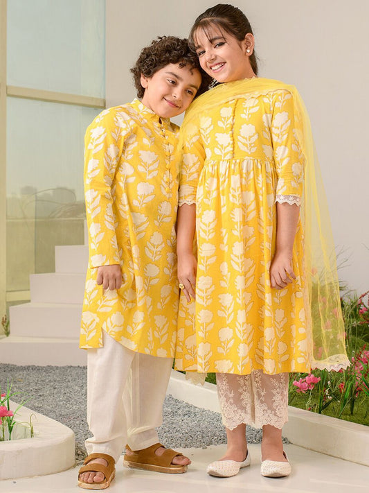 Girls Floral Printed Regular Pure Cotton Kurta with Trousers & Dupatta