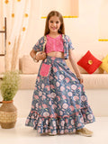 Girls Floral Printed Striped Ready to Wear Lehenga Choli With Waist Coat
