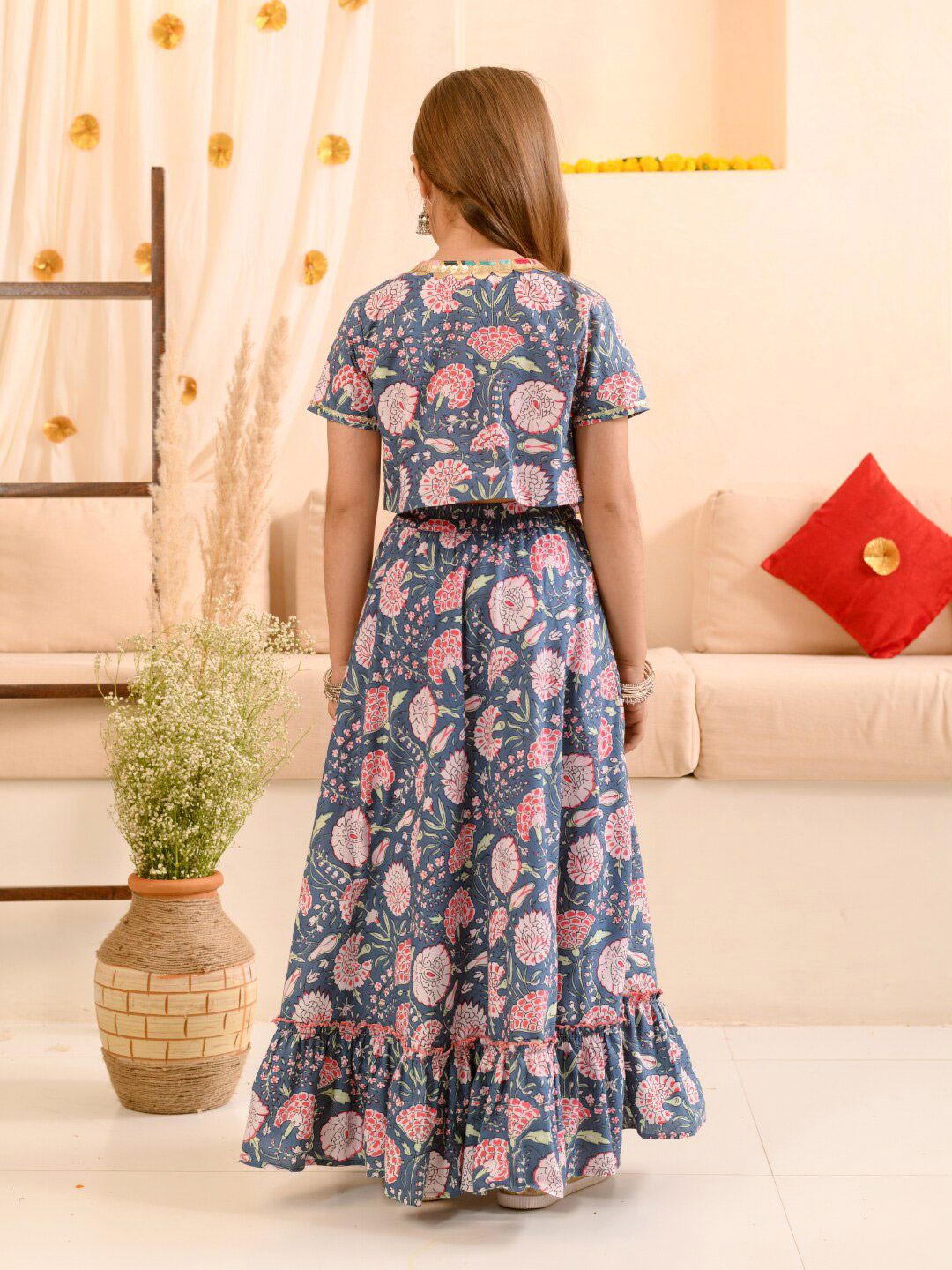 Girls Floral Printed Striped Ready to Wear Lehenga Choli With Waist Coat