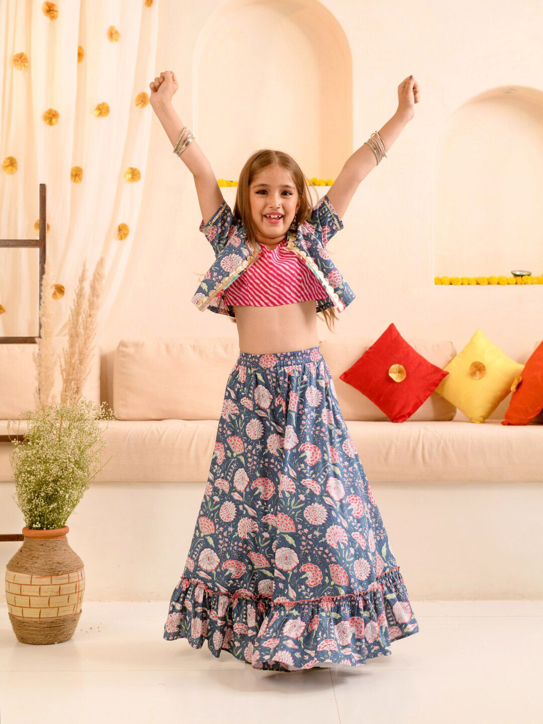 Girls Floral Printed Striped Ready to Wear Lehenga Choli With Waist Coat