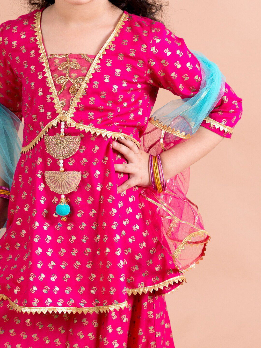 Girls Magenta & Blue Printed Ready to Wear Lehenga & Blouse With Dupatta