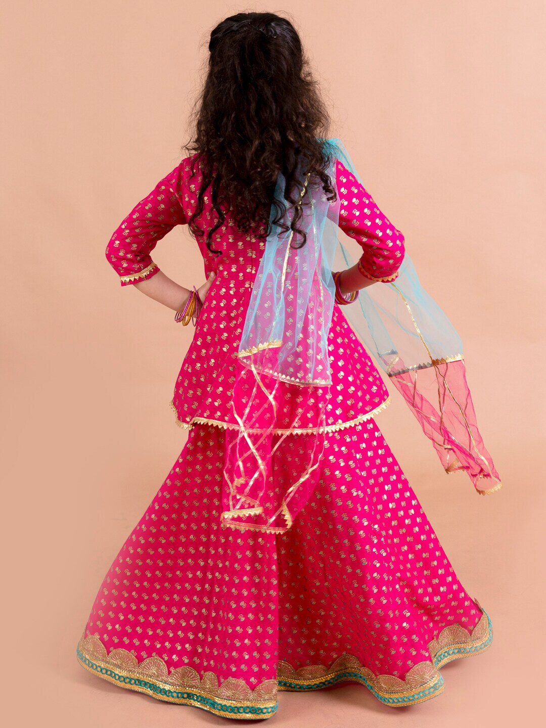 Girls Magenta & Blue Printed Ready to Wear Lehenga & Blouse With Dupatta