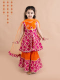 Girls Magenta & Orange Printed Angrakha Cotton Kurta Set