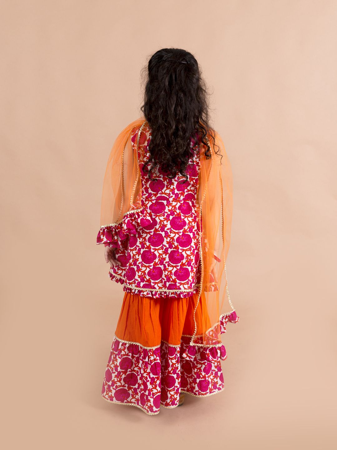 Girls Magenta & Orange Printed Angrakha Cotton Kurta Set