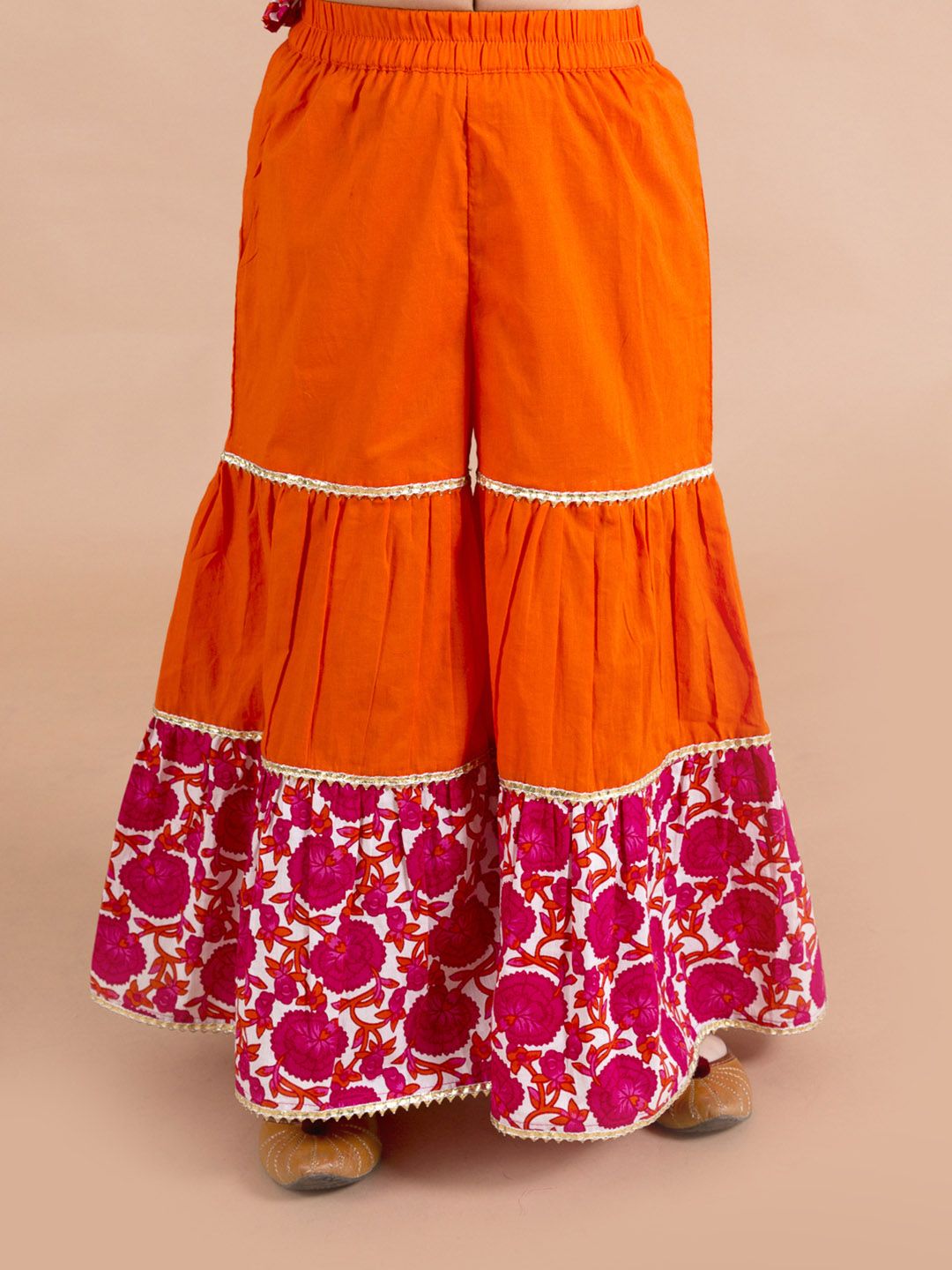 Girls Magenta & Orange Printed Angrakha Cotton Kurta Set