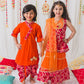 Girls Magenta & Orange Printed Angrakha Cotton Kurta Set