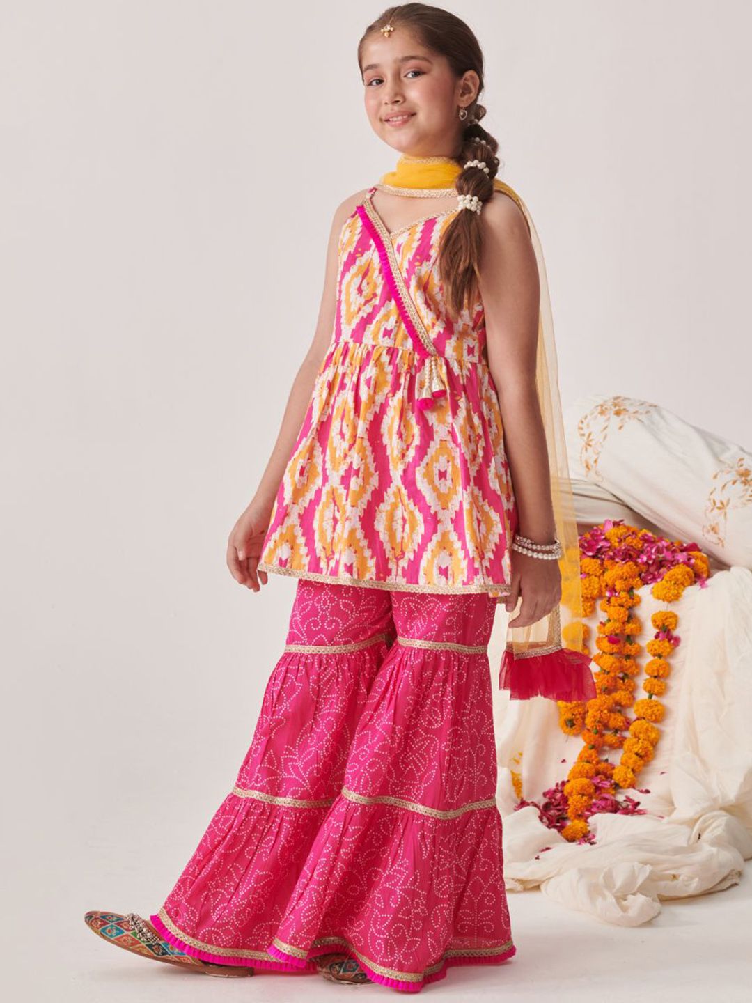 Girls Printed Angrakha Gotta Patti Kurti with Sharara & With Dupatta