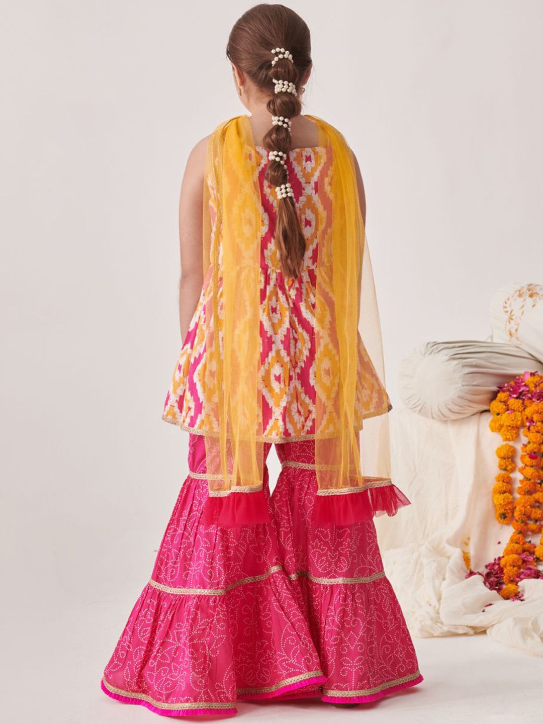Girls Printed Angrakha Gotta Patti Kurti with Sharara & With Dupatta