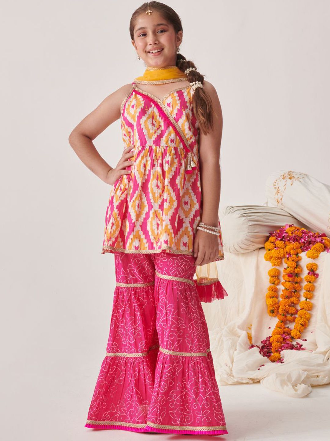 Girls Printed Angrakha Gotta Patti Kurti with Sharara & With Dupatta