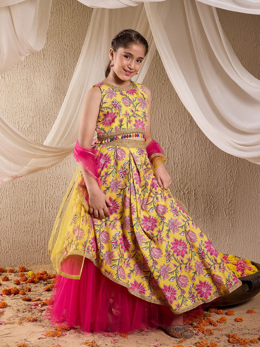Girls Printed Gotta Patti Cotton Ready to Wear Lehenga & Blouse With Dupatta