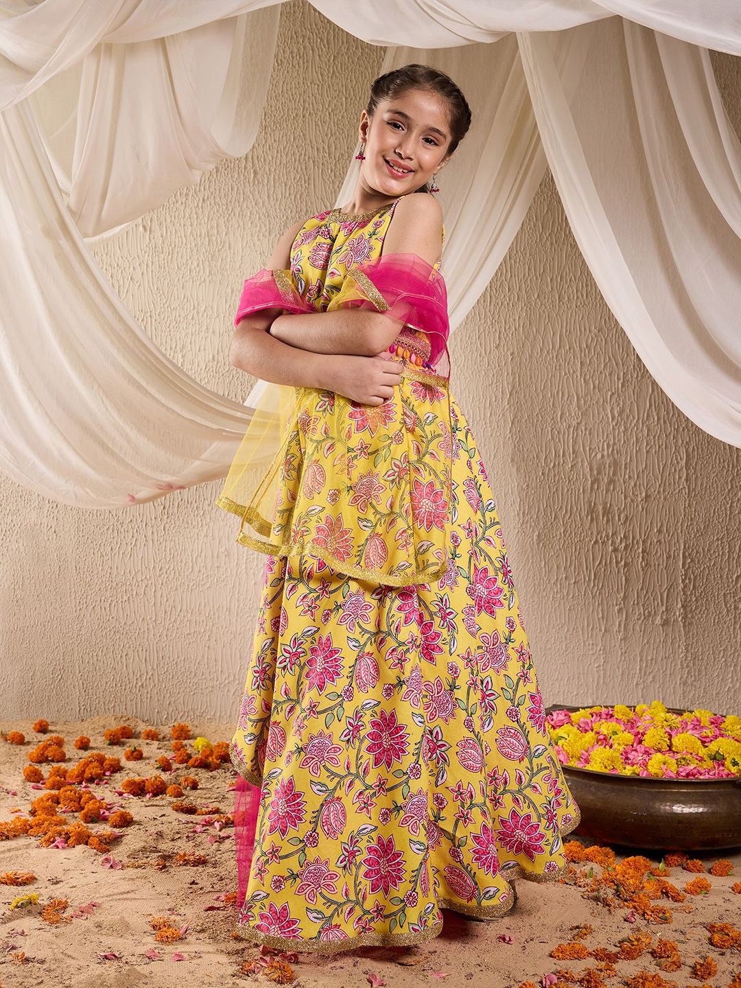 Girls Printed Gotta Patti Cotton Ready to Wear Lehenga & Blouse With Dupatta