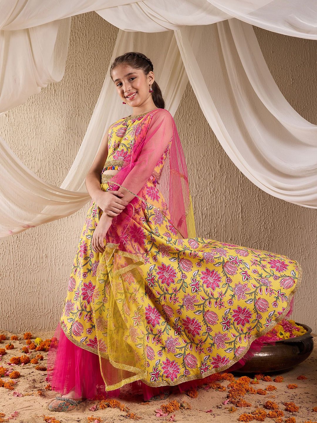 Girls Printed Gotta Patti Cotton Ready to Wear Lehenga & Blouse With Dupatta
