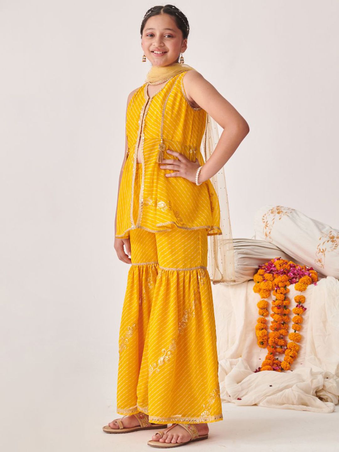 Girls Printed Regular Sequinned Kurta Sharara With Dupatta