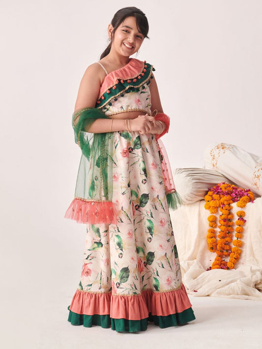 Girls Printed Thread Work Ready to Wear Lehenga Choli With Dupatta