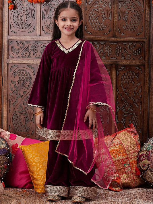 Girls Regular Gotta Patti Velvet Kurta with Salwar & With Dupatta