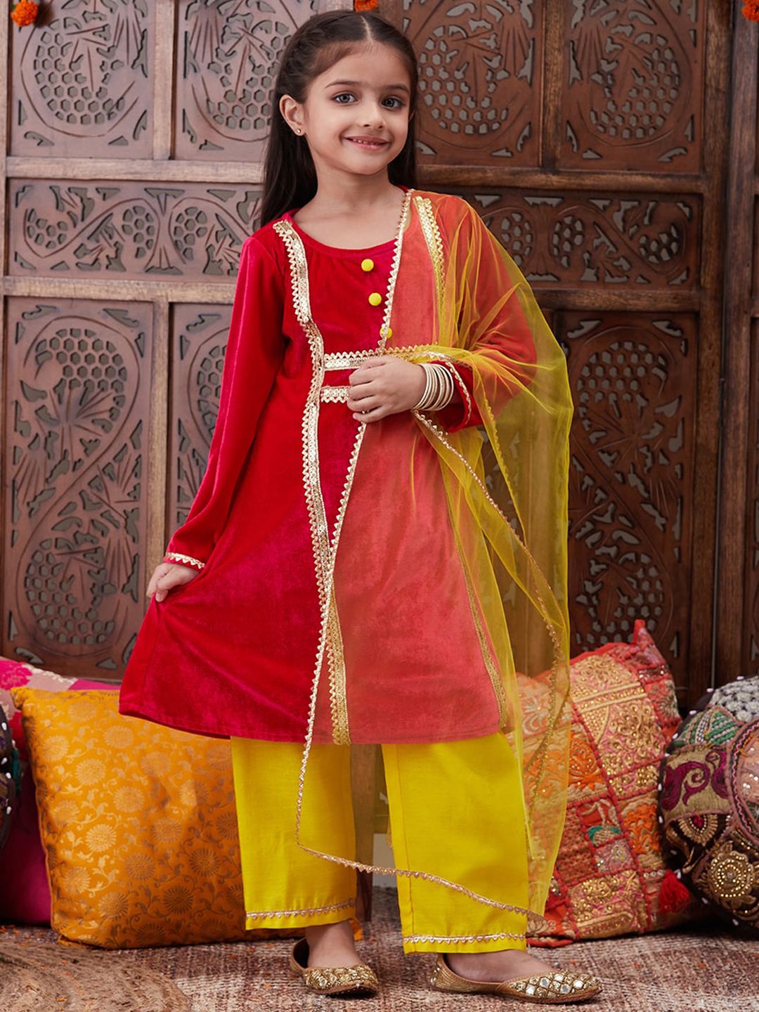 Girls Regular Gotta Patti Velvet Kurta with Salwar & With Dupatta