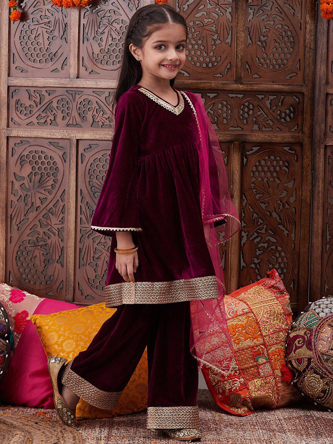 Girls Regular Gotta Patti Velvet Kurta with Salwar & With Dupatta