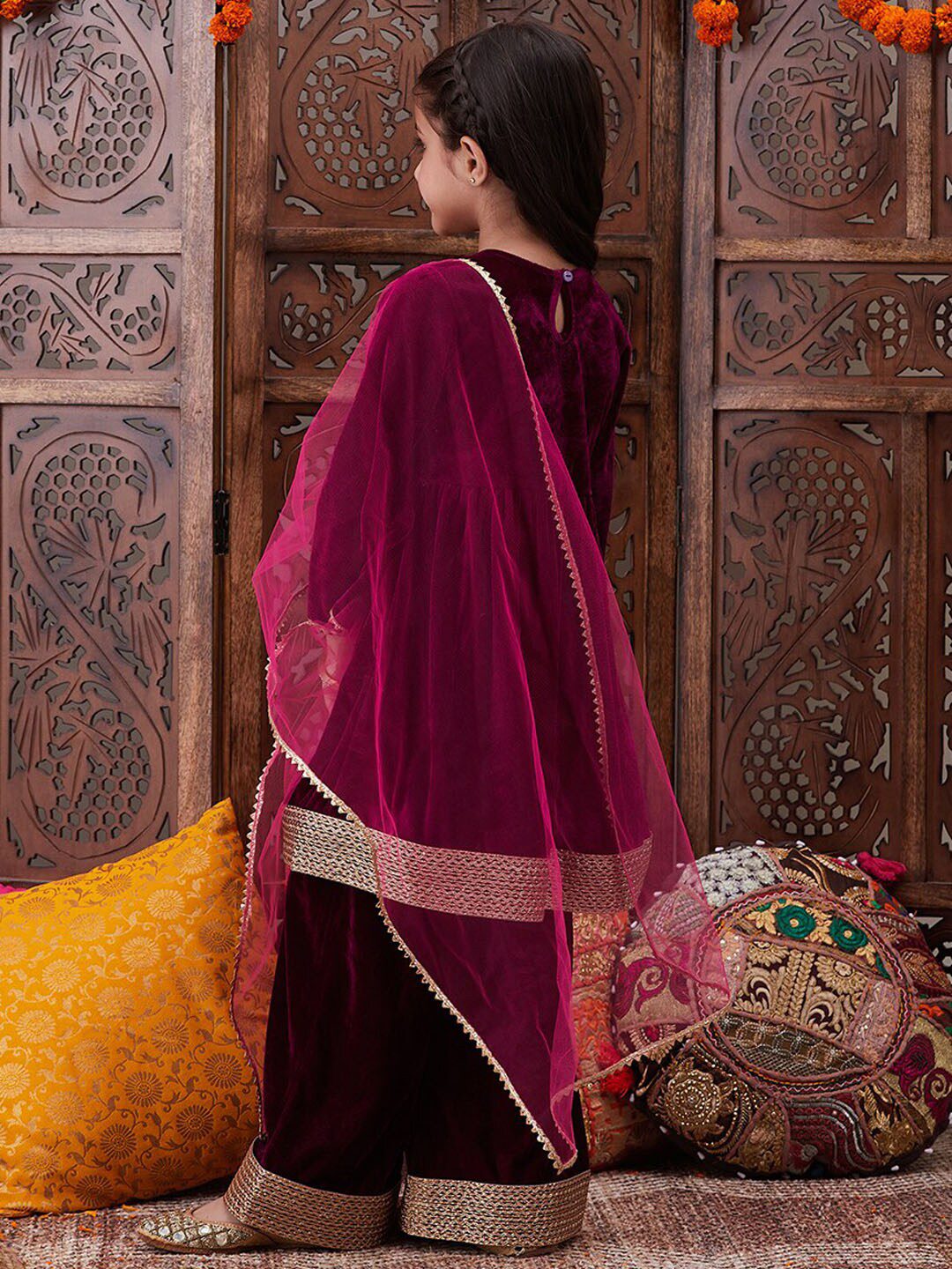 Girls Regular Gotta Patti Velvet Kurta with Salwar & With Dupatta